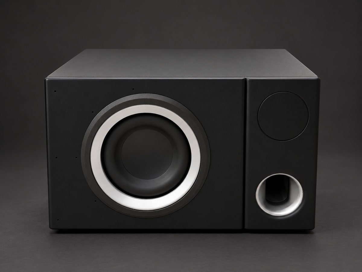 Prototype seen straight from the front: a large driver with a brushed metal ring beside a smaller panel with a round port.